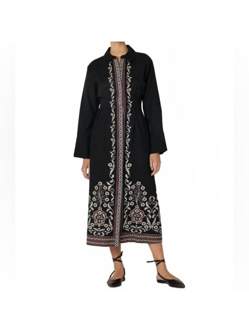 Cleobella Mirela‎ Midi Dress Black Embroidered Cotton Linen Boho Collared